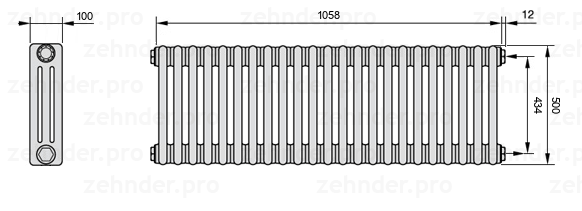 Схема (чертеж) Радиатор Zehnder Charleston 3050/23 №7610 Белый глянцевый RAL 9016
